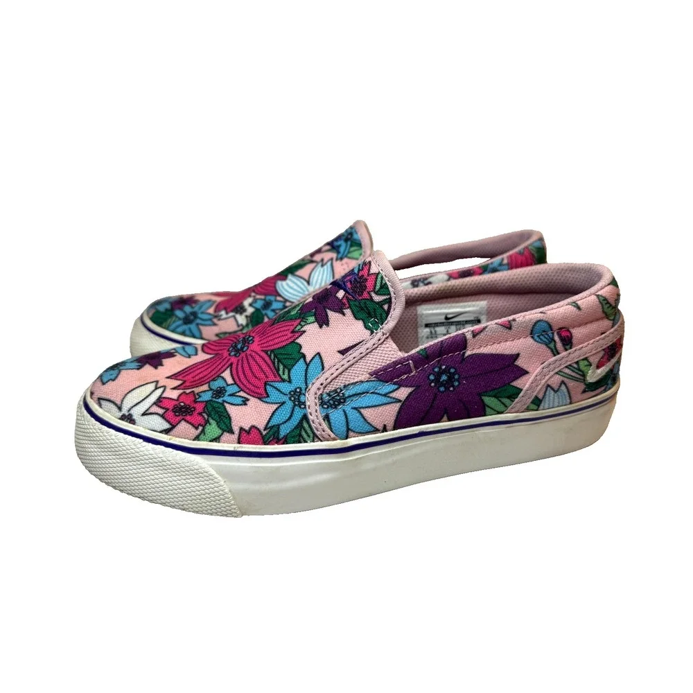 Nike TOKI PInk Blue Aloha Floral Thick Canvas Slip On Loafer Skater Shoe Wmn 6.5